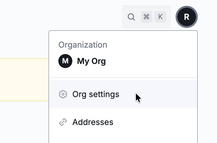 Account menu with the Org settings option to navigate to app.chain.link/organization
